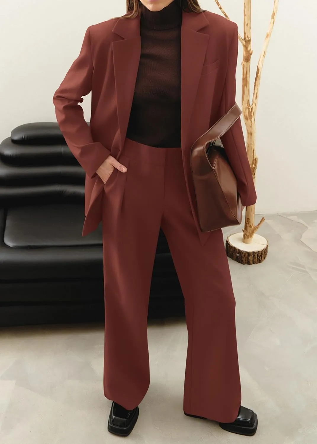 2 Piece Outfits Fall for Women Dressy Blazer Casual Loose Long Blazer Jackets and Dressy Wide Leg Pant Suits with Pockets