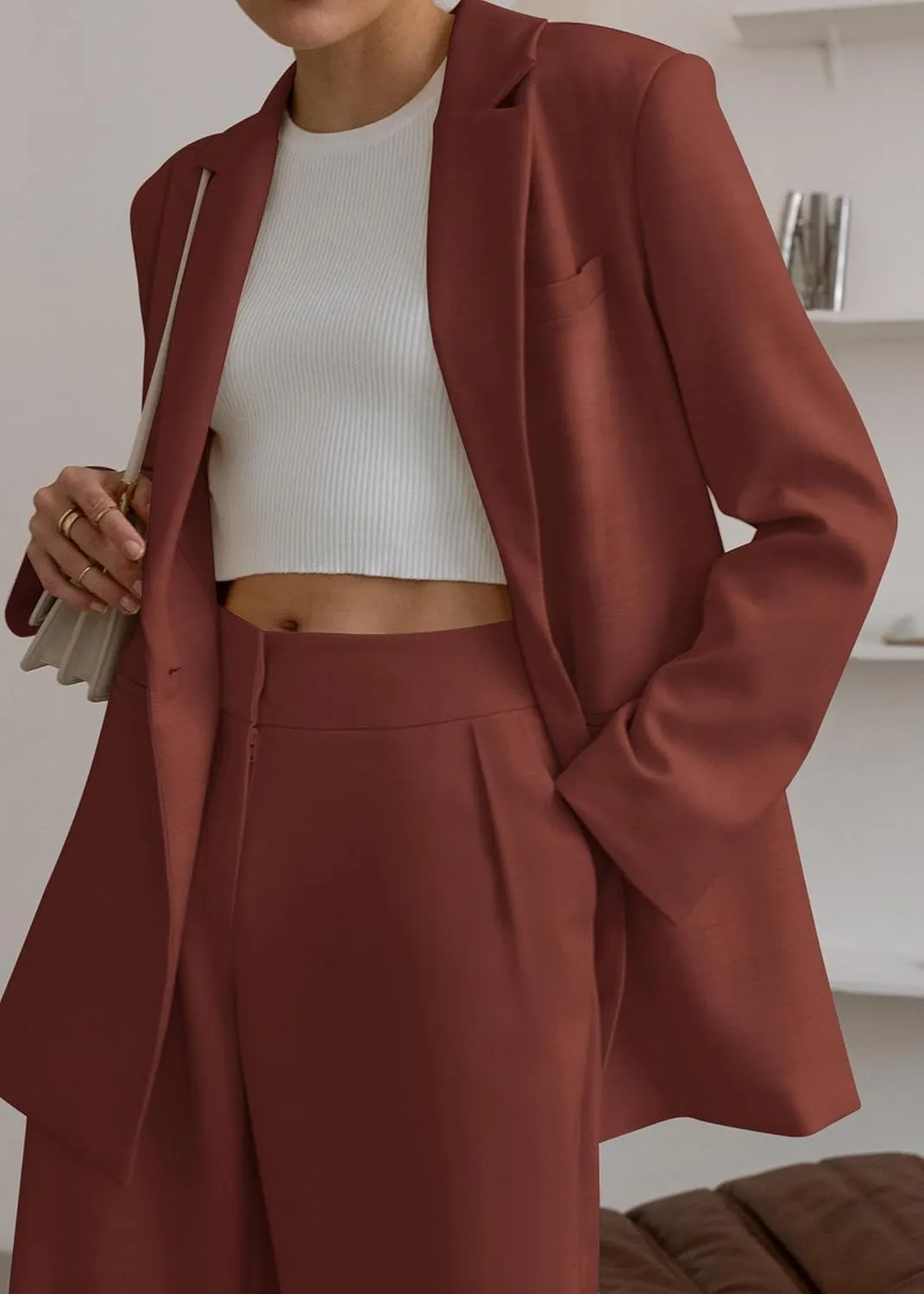 2 Piece Outfits Fall for Women Dressy Blazer Casual Loose Long Blazer Jackets and Dressy Wide Leg Pant Suits with Pockets