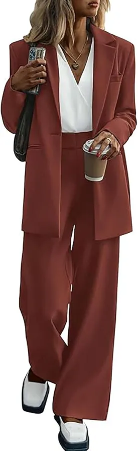 2 Piece Outfits Fall for Women Dressy Blazer Casual Loose Long Blazer Jackets and Dressy Wide Leg Pant Suits with Pockets