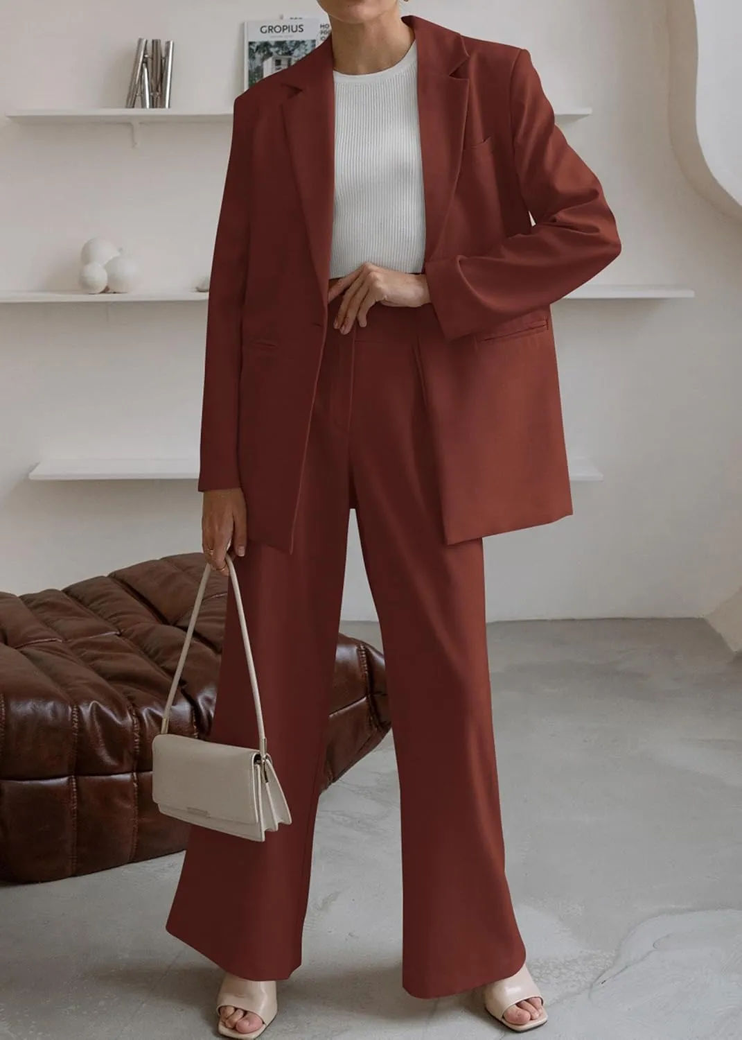 2 Piece Outfits Fall for Women Dressy Blazer Casual Loose Long Blazer Jackets and Dressy Wide Leg Pant Suits with Pockets