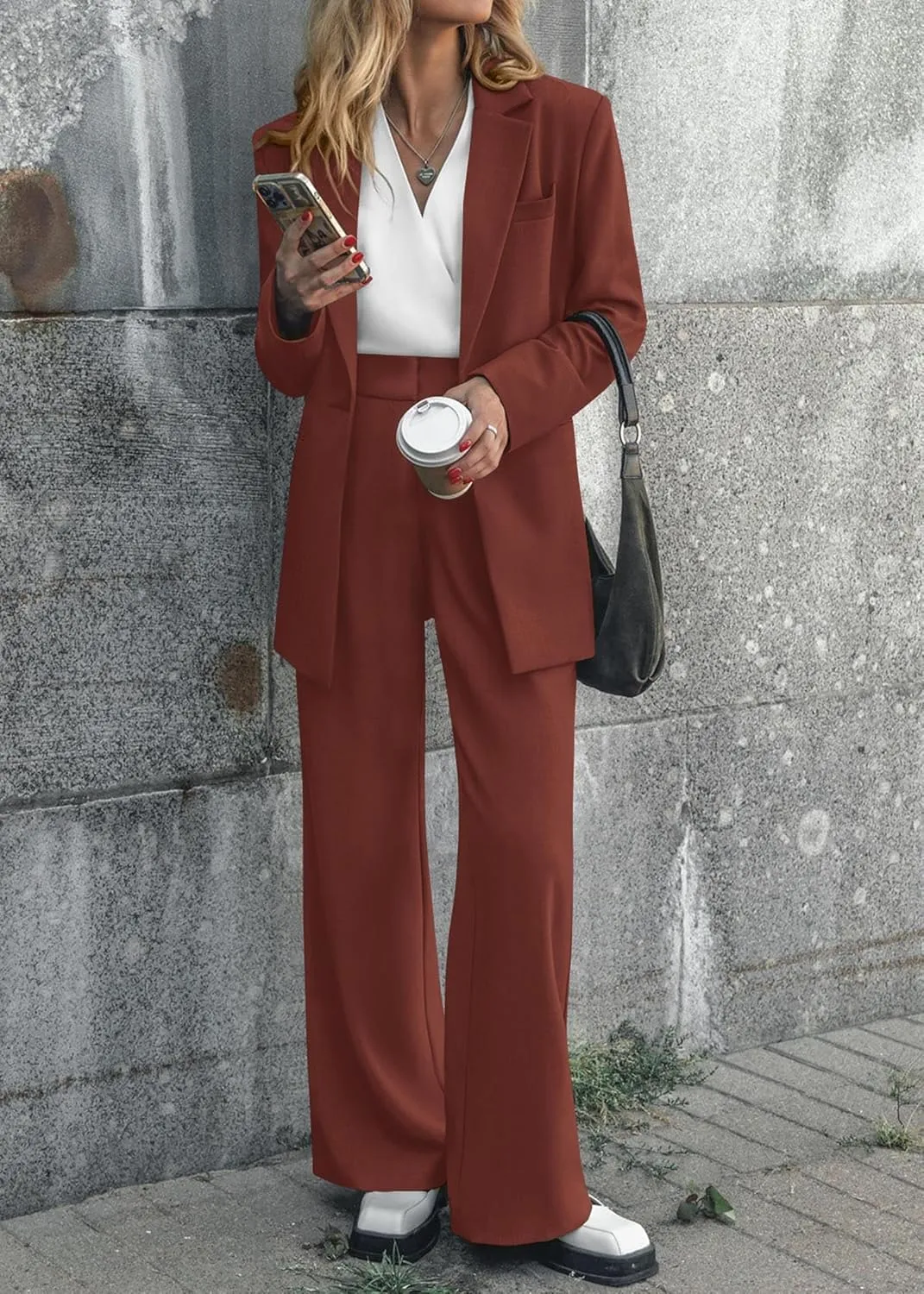 2 Piece Outfits Fall for Women Dressy Blazer Casual Loose Long Blazer Jackets and Dressy Wide Leg Pant Suits with Pockets