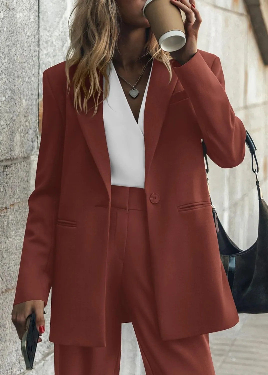 2 Piece Outfits Fall for Women Dressy Blazer Casual Loose Long Blazer Jackets and Dressy Wide Leg Pant Suits with Pockets