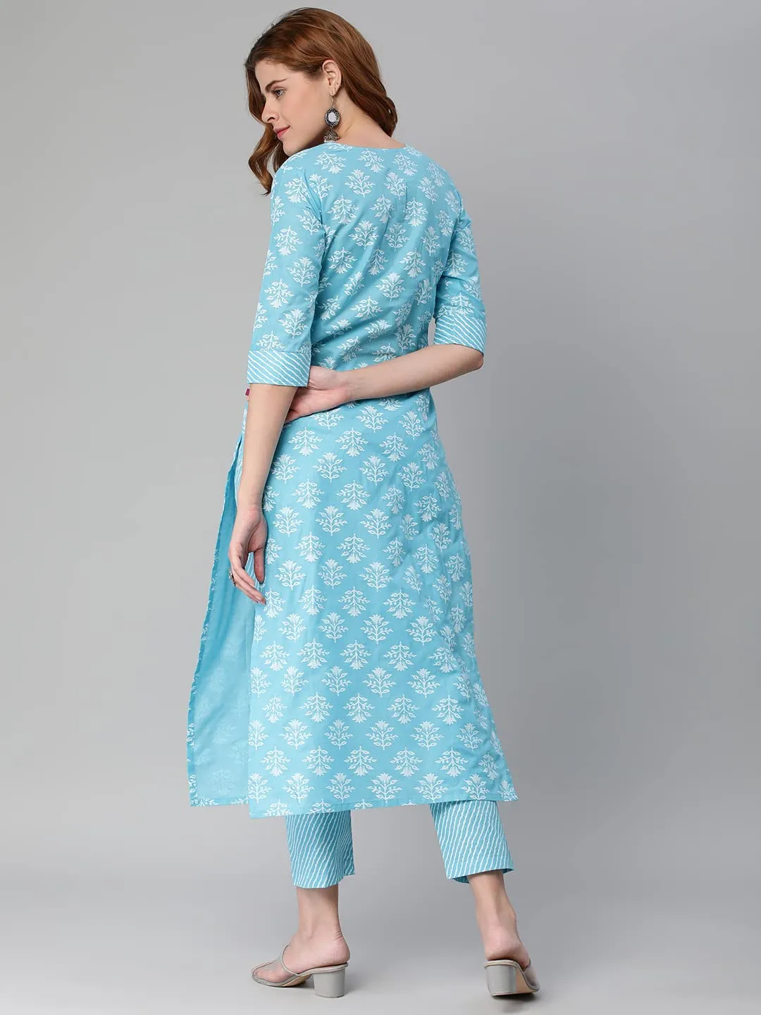 ANNI DESIGNER Women's Cotton Blend Printed Straight Kurta with Pant (KIDYA Blue_XL_Blue_X-Large)