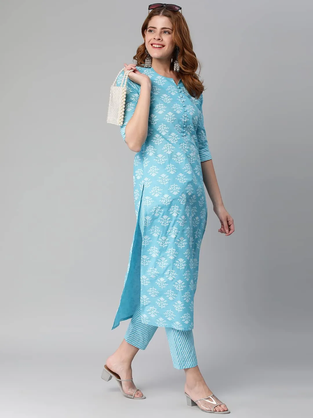 ANNI DESIGNER Women's Cotton Blend Printed Straight Kurta with Pant (KIDYA Blue_XL_Blue_X-Large)