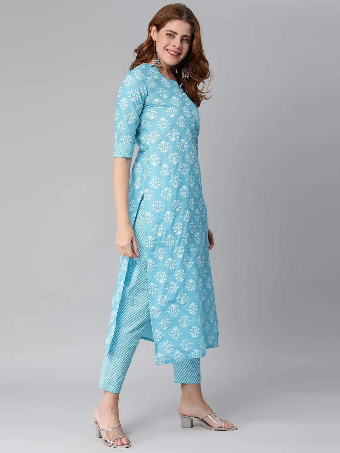 ANNI DESIGNER Women's Cotton Blend Printed Straight Kurta with Pant (KIDYA Blue_XL_Blue_X-Large)