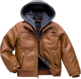 Boy's Faux Leather Jacket Windproof Warm Winter Coat Kids Bomber Outerwear Waterproof PU Motorcycle Jacket