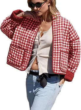 Bozanly Women's Cropped Puffer Quilted Jacket Plaid Printed Lightweight Long Sleeve Zipper Padded Coat