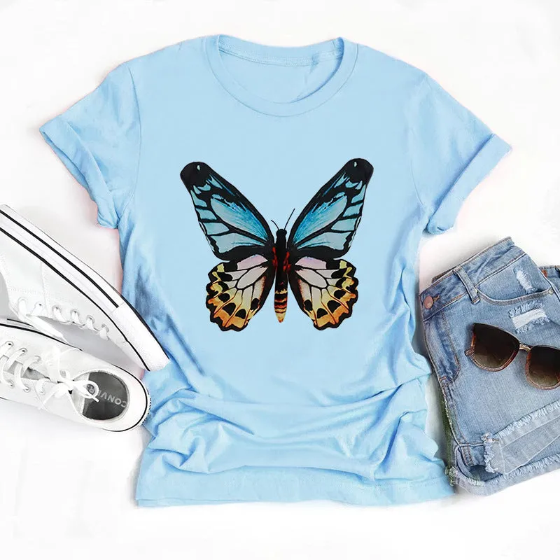 Butterfly print round neck cotton short-sleeved T-shirt