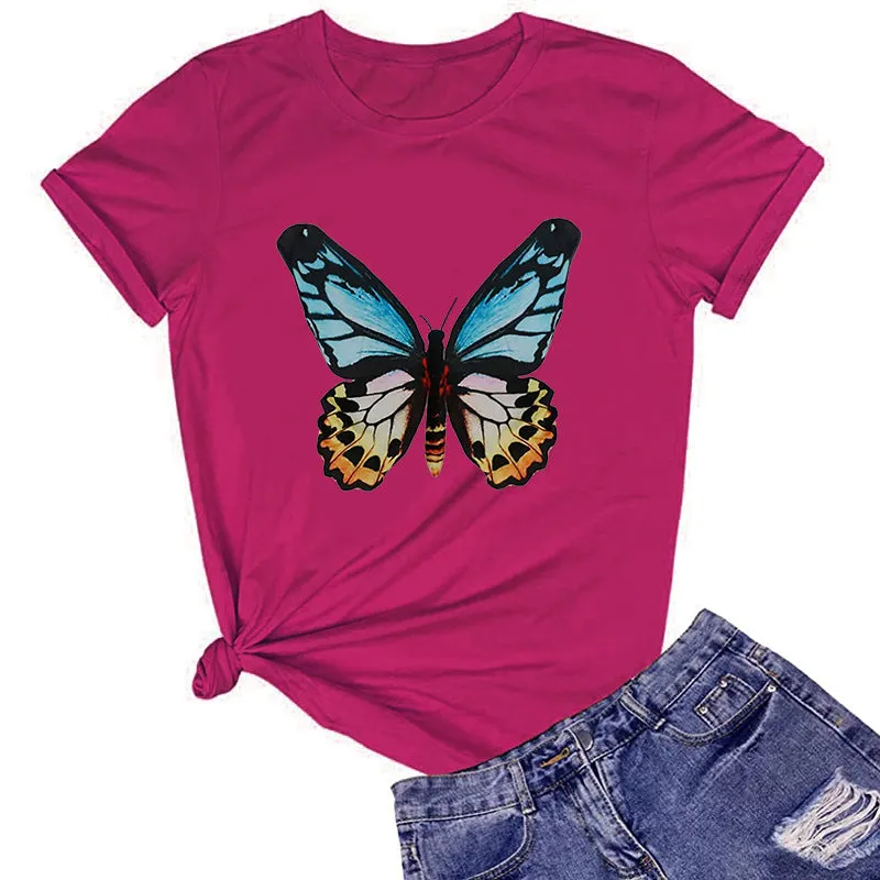 Butterfly print round neck cotton short-sleeved T-shirt