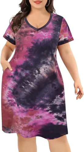 CARCOS Women's Plus Size Casual Loose Dresses Summer Short Sleeve V Neck Tie-dye Designed T Shirt Dresses with Pocket XL-5XL