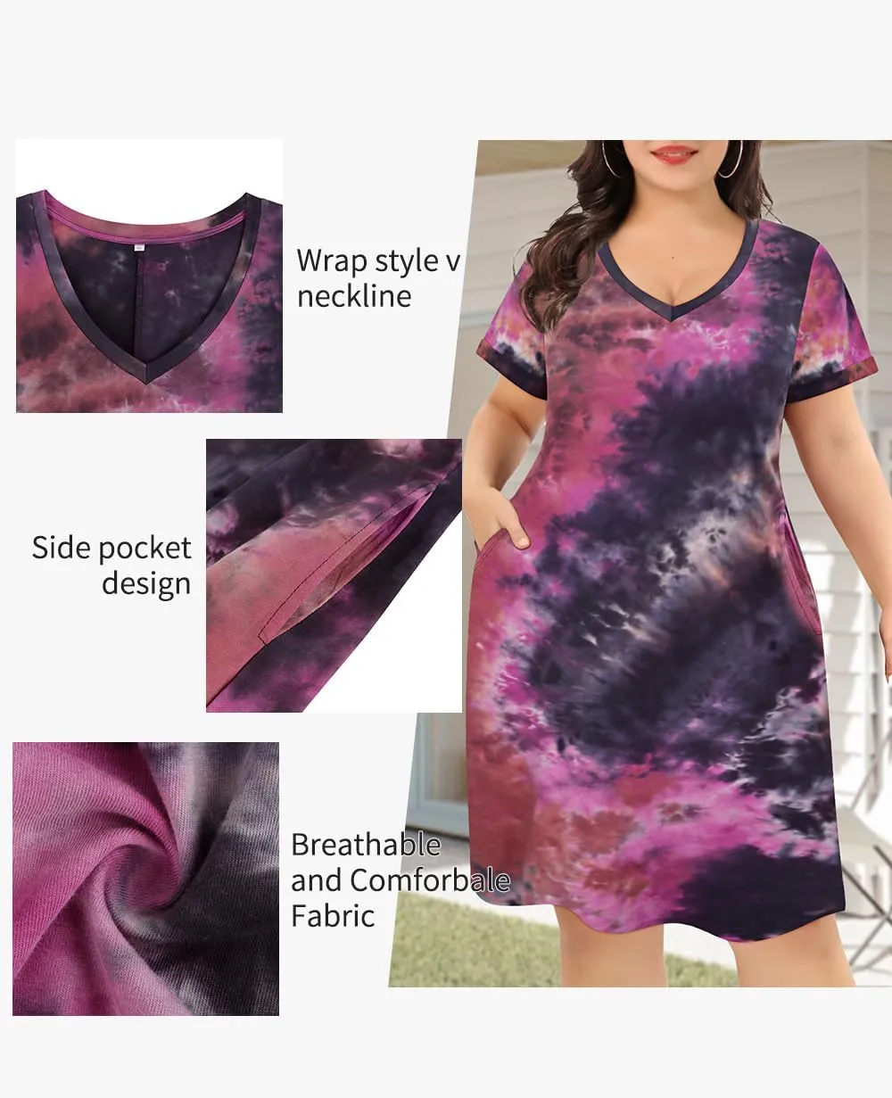 CARCOS Women's Plus Size Casual Loose Dresses Summer Short Sleeve V Neck Tie-dye Designed T Shirt Dresses with Pocket XL-5XL
