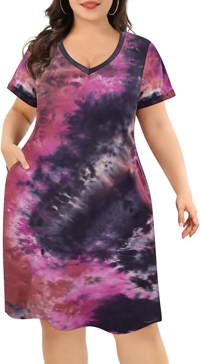 CARCOS Women's Plus Size Casual Loose Dresses Summer Short Sleeve V Neck Tie-dye Designed T Shirt Dresses with Pocket XL-5XL