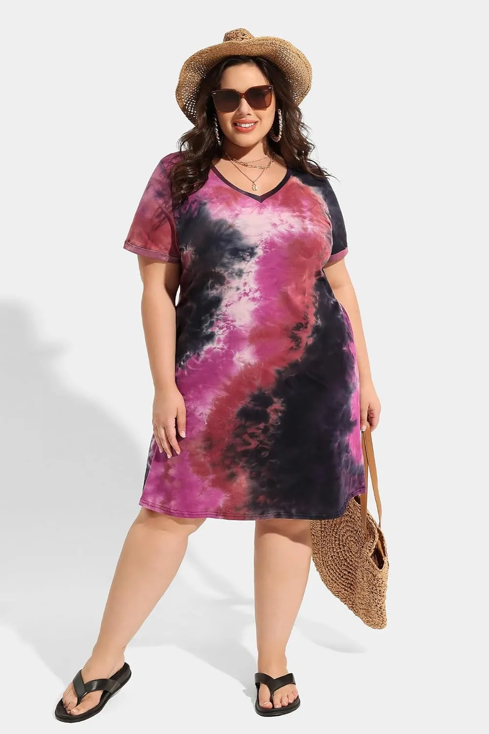 CARCOS Women's Plus Size Casual Loose Dresses Summer Short Sleeve V Neck Tie-dye Designed T Shirt Dresses with Pocket XL-5XL
