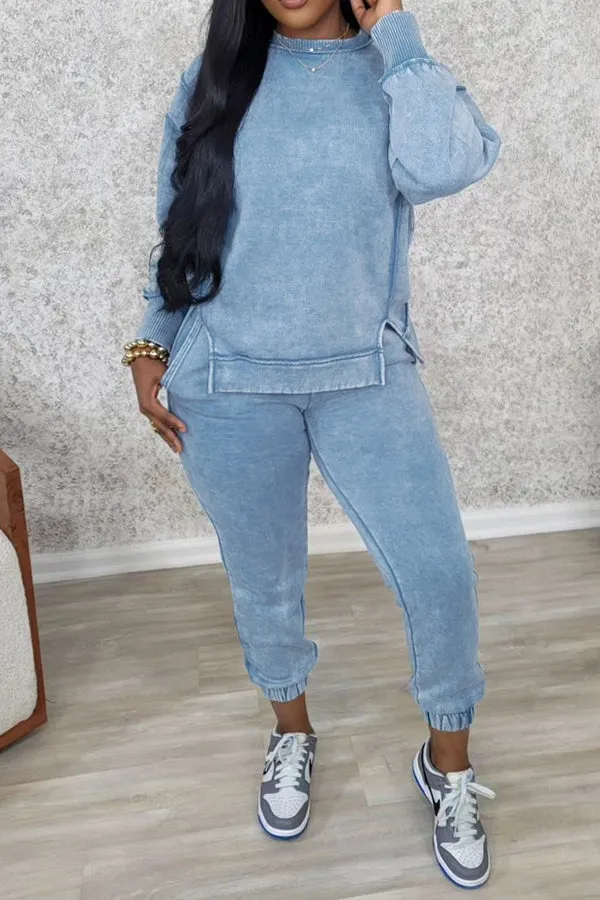 Casual Drop Shoulder Split Hem Sweatshirt Set
