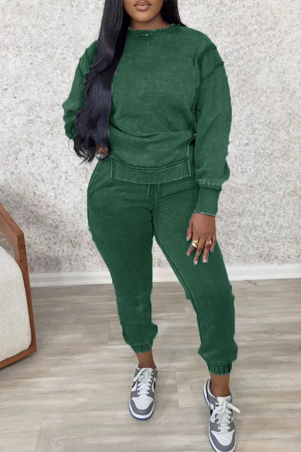 Casual Drop Shoulder Split Hem Sweatshirt Set