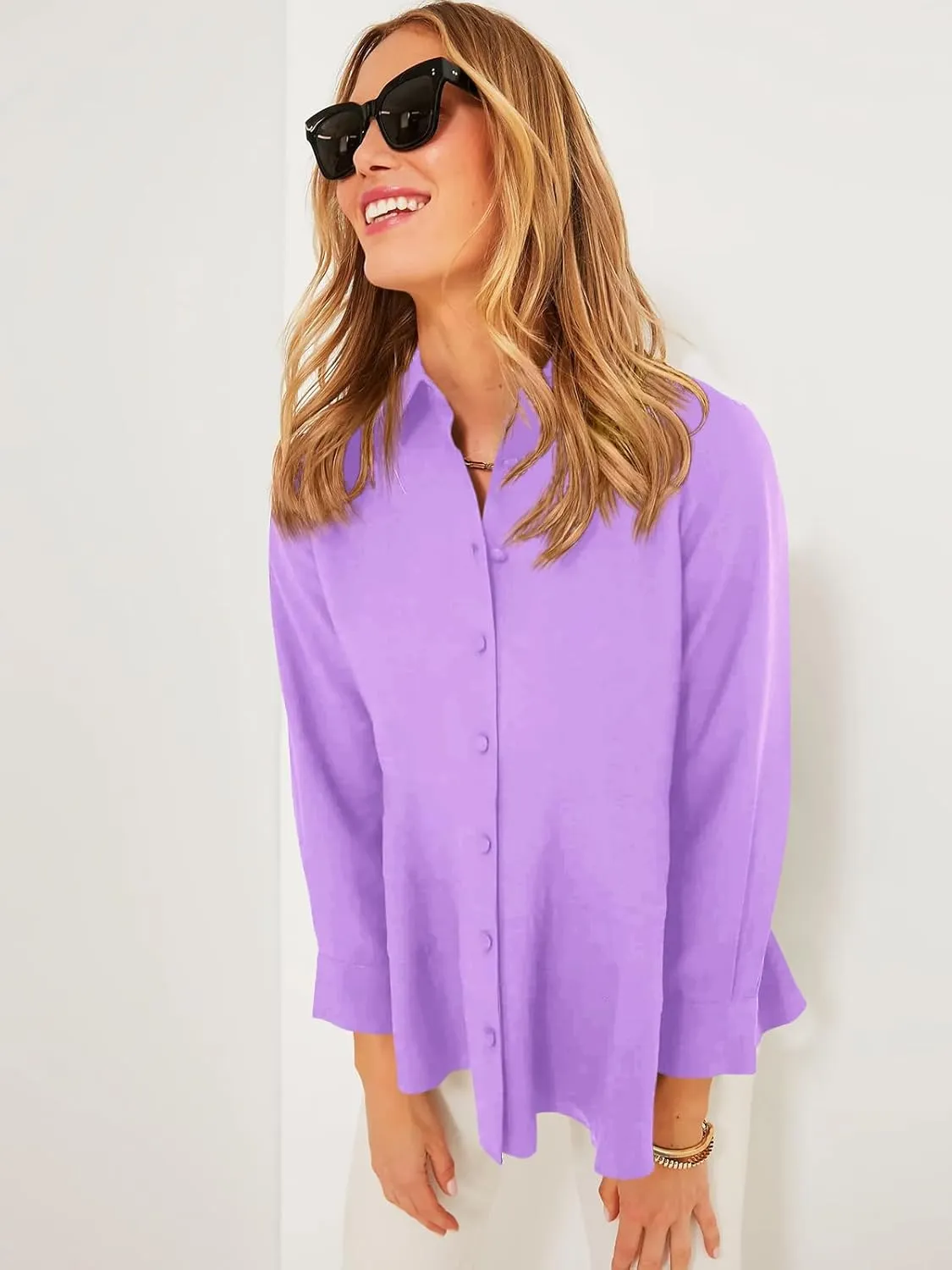 Cicy Bell Women's Button Down Shirts Collared V Neck Long Sleeve Peplum Tiered Blouse Tops