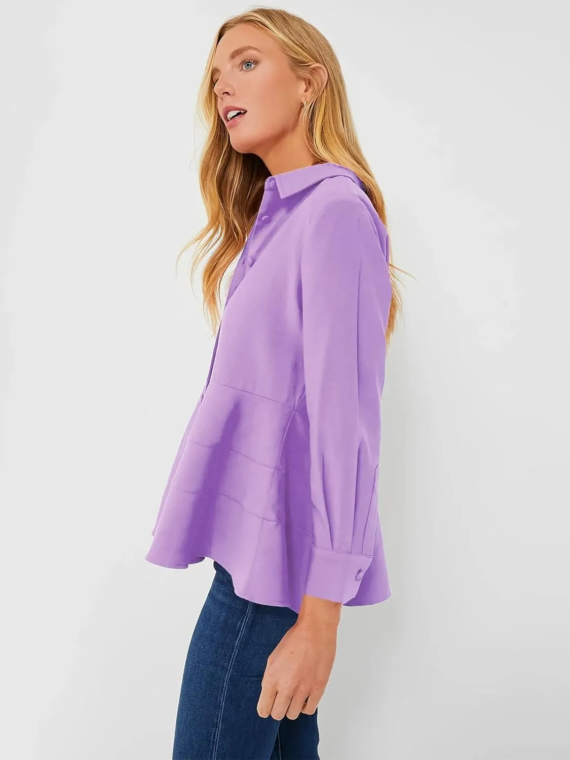 Cicy Bell Women's Button Down Shirts Collared V Neck Long Sleeve Peplum Tiered Blouse Tops