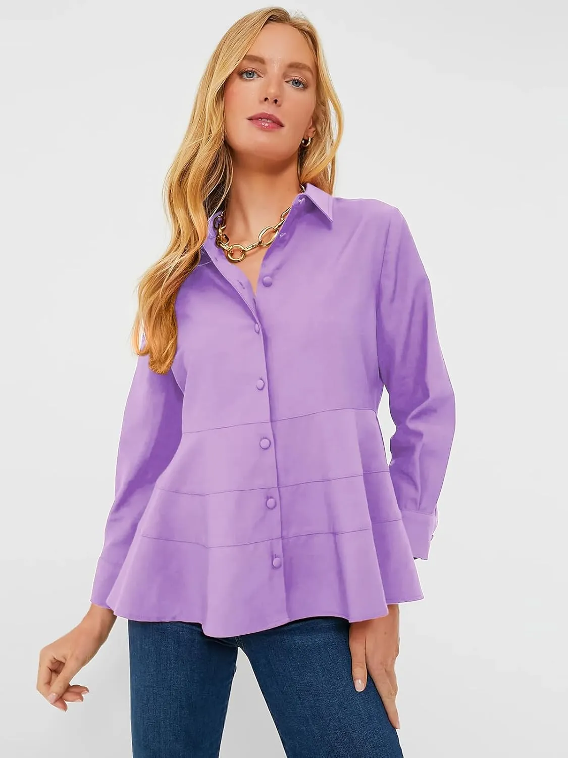 Cicy Bell Women's Button Down Shirts Collared V Neck Long Sleeve Peplum Tiered Blouse Tops