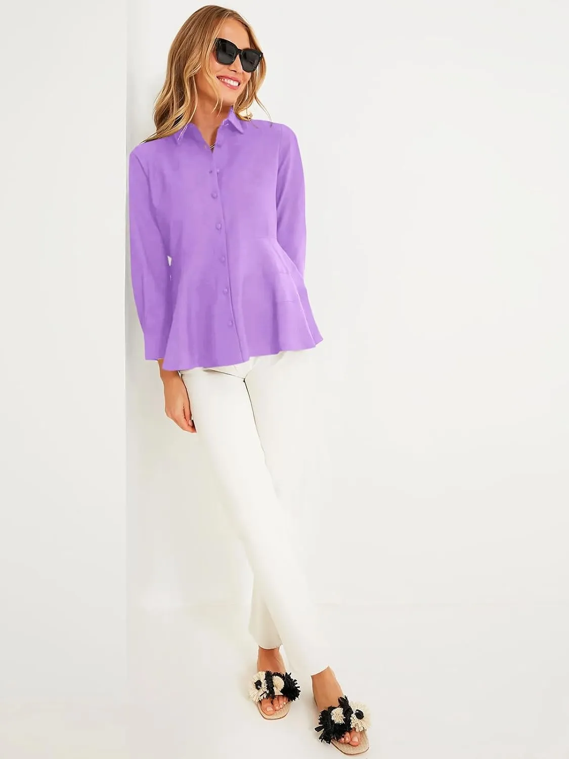 Cicy Bell Women's Button Down Shirts Collared V Neck Long Sleeve Peplum Tiered Blouse Tops