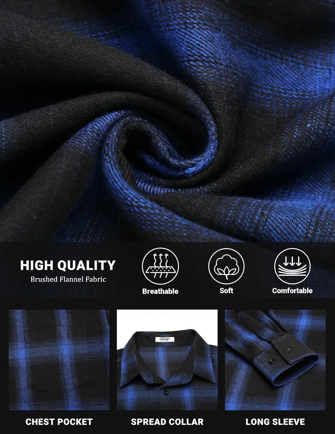 COOFANDY Mens Flannel Shirts Long Sleeve Button Down Shirt with Pocket Casual Shirts Work Shirts for Men