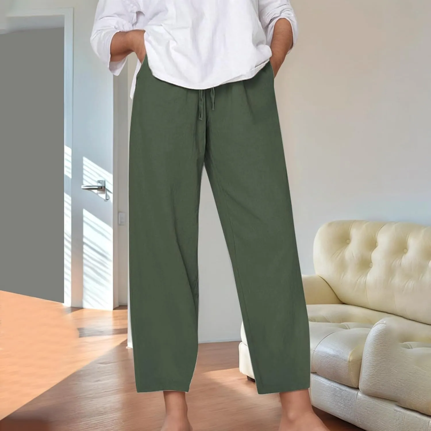 Cotton Linen Capri Pants for Women Baggy Summer Wide Leg Casual Loose Drawstring Palazzo Cropped Pants with Pockets