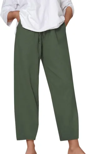 Cotton Linen Capri Pants for Women Baggy Summer Wide Leg Casual Loose Drawstring Palazzo Cropped Pants with Pockets