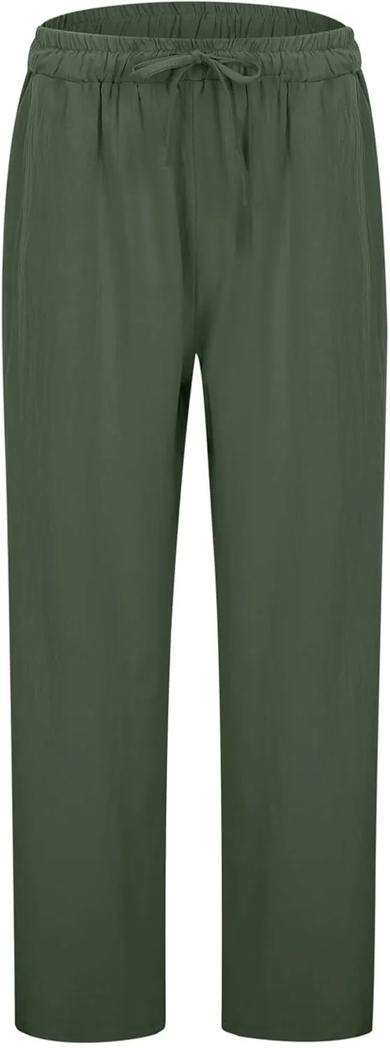 Cotton Linen Capri Pants for Women Baggy Summer Wide Leg Casual Loose Drawstring Palazzo Cropped Pants with Pockets