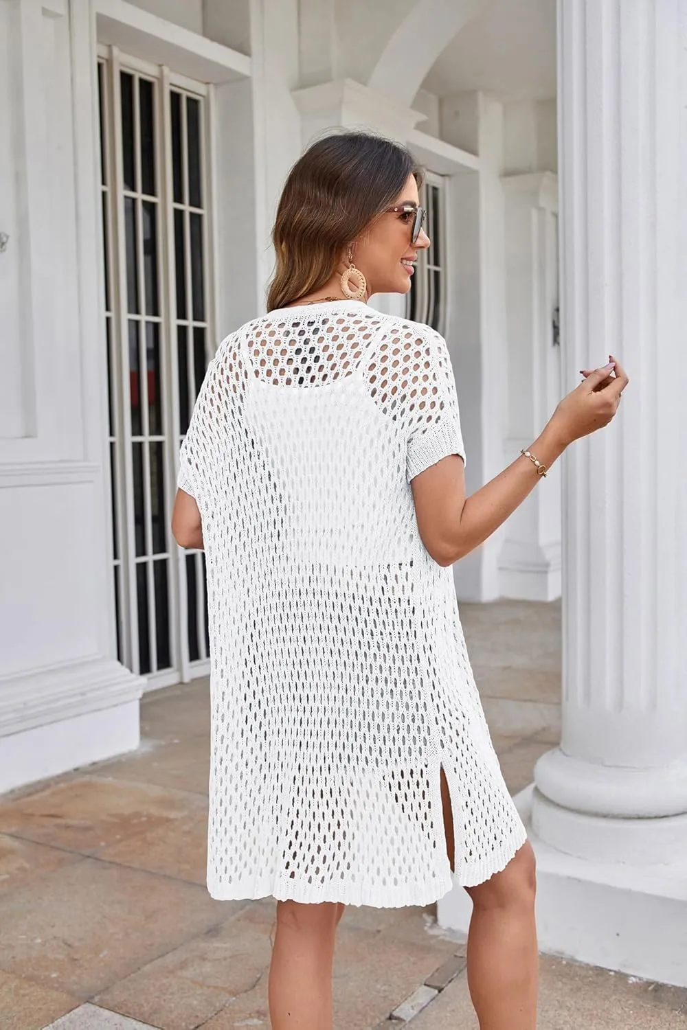 GRACE KARIN Mesh Cardigan Sweaters for Women Crochet Short Sleeve Open-Front Long Cardigan Cover ups Knitted Sheer Tops