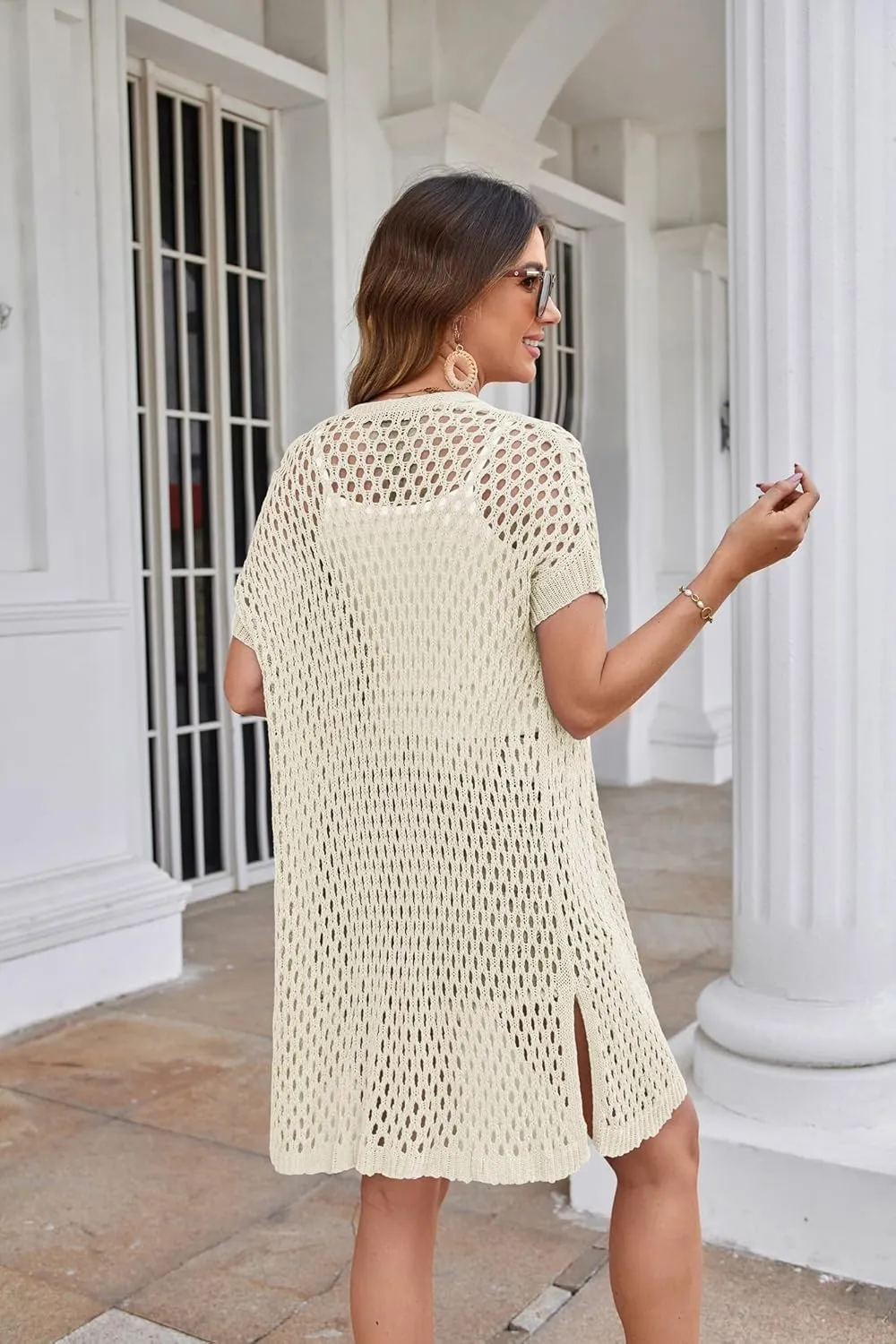GRACE KARIN Mesh Cardigan Sweaters for Women Crochet Short Sleeve Open-Front Long Cardigan Cover ups Knitted Sheer Tops