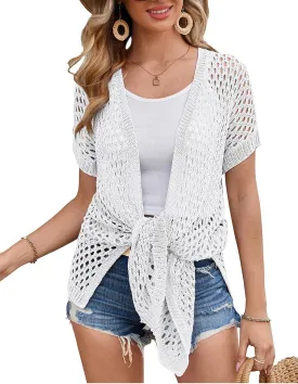 GRACE KARIN Mesh Cardigan Sweaters for Women Crochet Short Sleeve Open-Front Long Cardigan Cover ups Knitted Sheer Tops