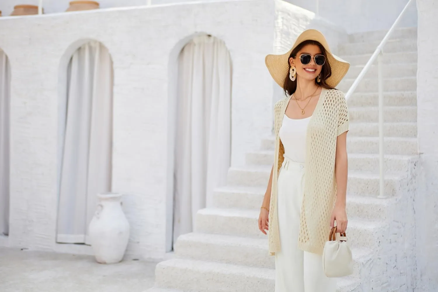 GRACE KARIN Mesh Cardigan Sweaters for Women Crochet Short Sleeve Open-Front Long Cardigan Cover ups Knitted Sheer Tops