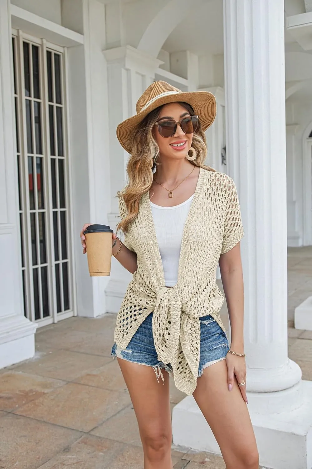 GRACE KARIN Mesh Cardigan Sweaters for Women Crochet Short Sleeve Open-Front Long Cardigan Cover ups Knitted Sheer Tops