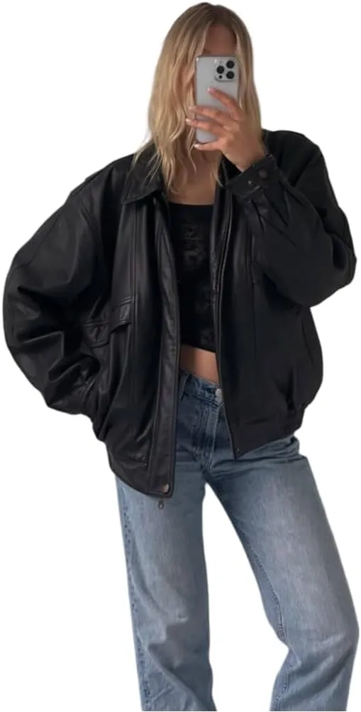 Ladies Real Soft Lambskin Leather Jacket - Oversized Bomber Casual Wear Jacket For Womens