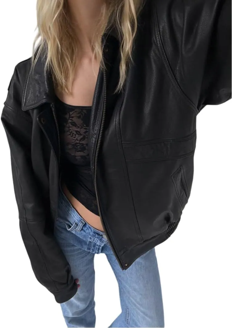 Ladies Real Soft Lambskin Leather Jacket - Oversized Bomber Casual Wear Jacket For Womens