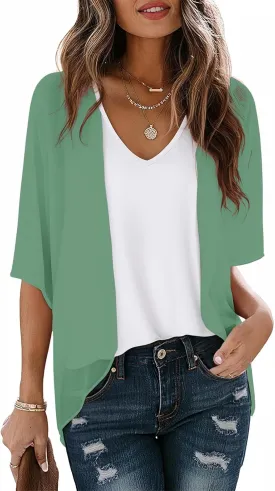 LILBETTER Women Lightweight Chiffon Cardigan Puff Sleeve Loose Beach Wear Cover Up Blouse Top