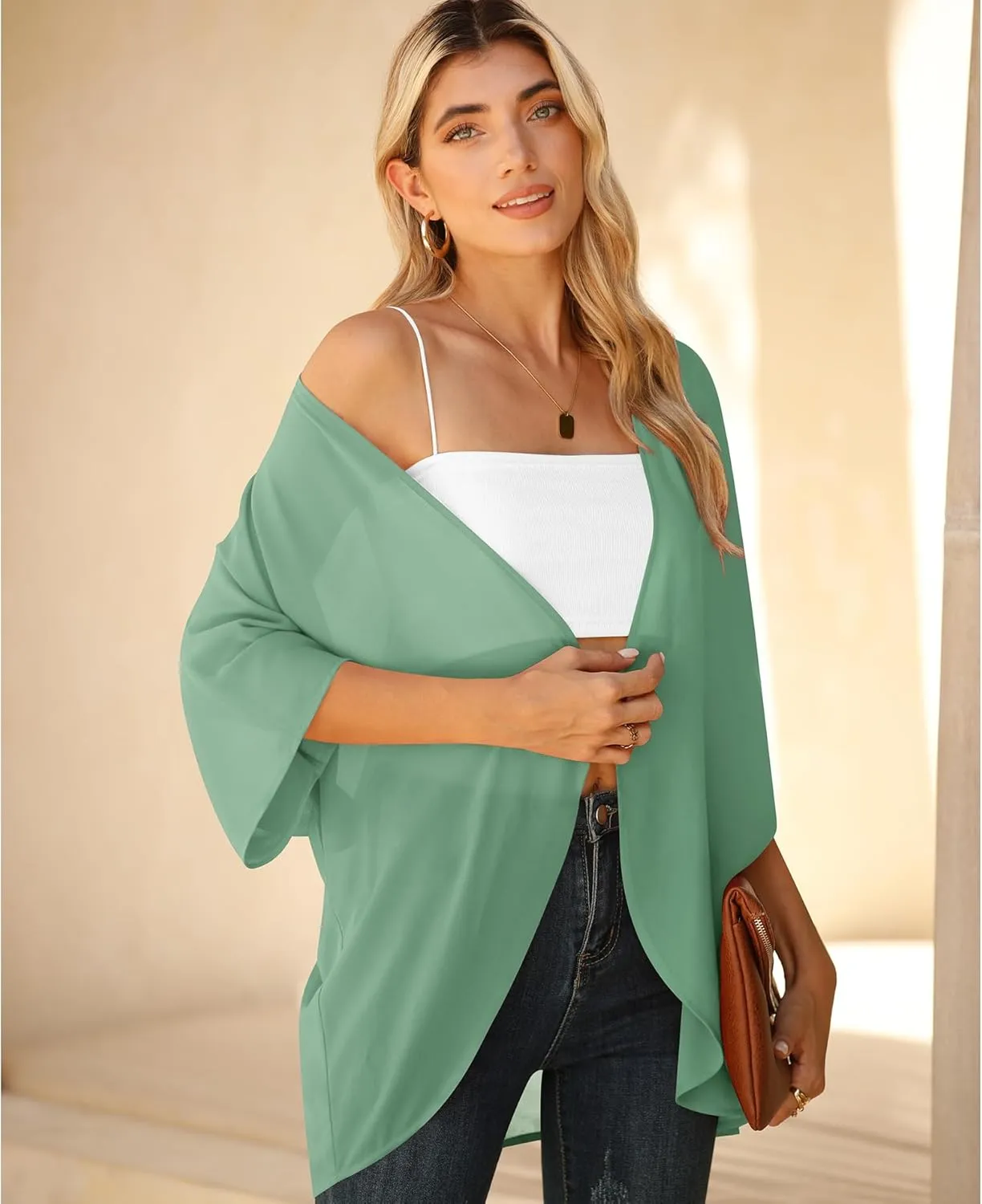 LILBETTER Women Lightweight Chiffon Cardigan Puff Sleeve Loose Beach Wear Cover Up Blouse Top