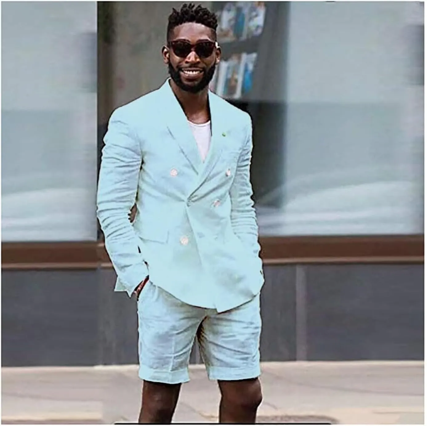 Linen 2 Piece Double Breasted Suit Men Summer Shorts Casual Blazer Tuxedo Groom Beach Wedding Dress (Blazer  Shorts)