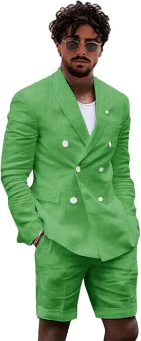 Linen 2 Piece Double Breasted Suit Men Summer Shorts Casual Blazer Tuxedo Groom Beach Wedding Dress (Blazer  Shorts)
