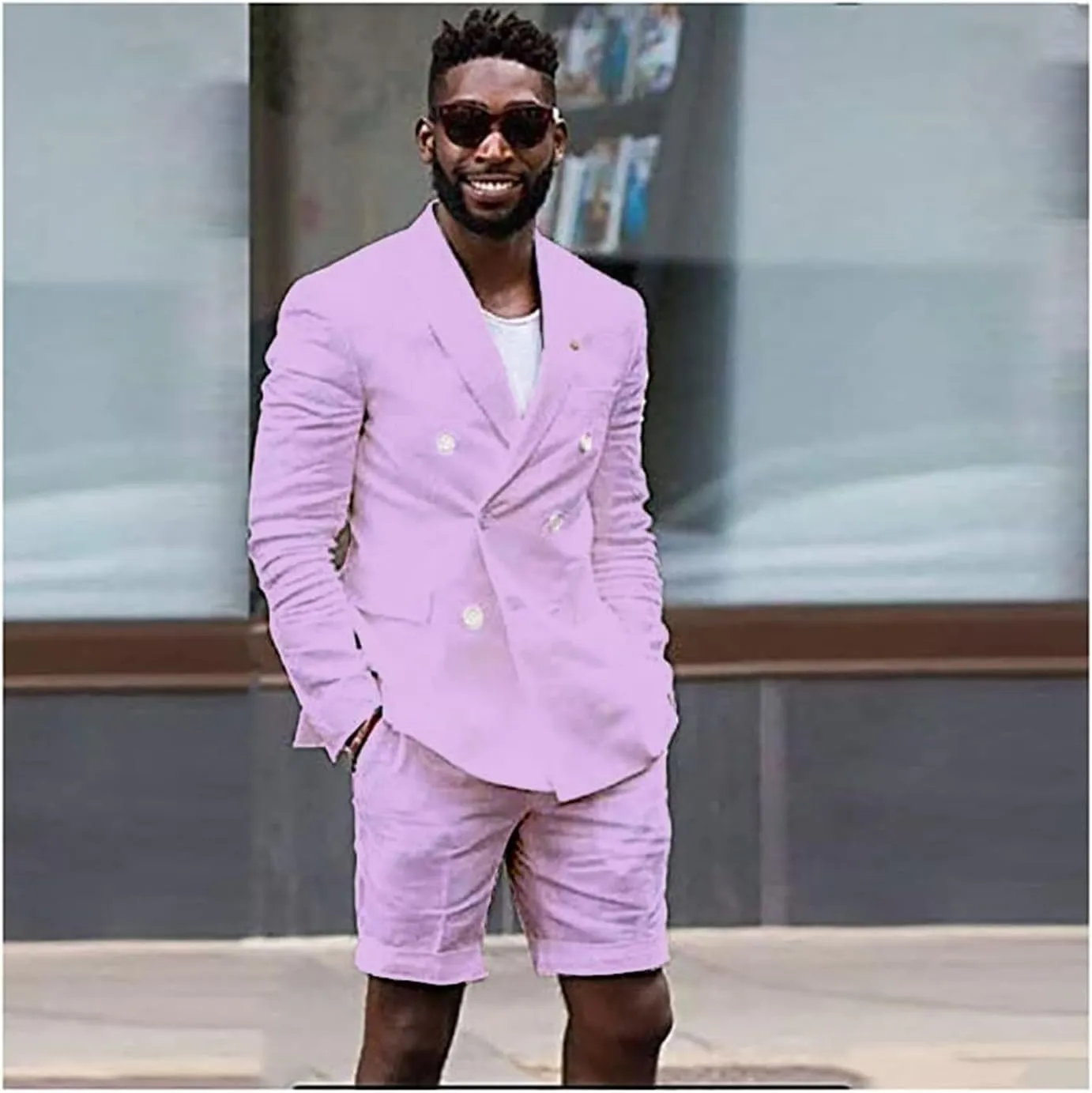 Linen 2 Piece Double Breasted Suit Men Summer Shorts Casual Blazer Tuxedo Groom Beach Wedding Dress (Blazer  Shorts)