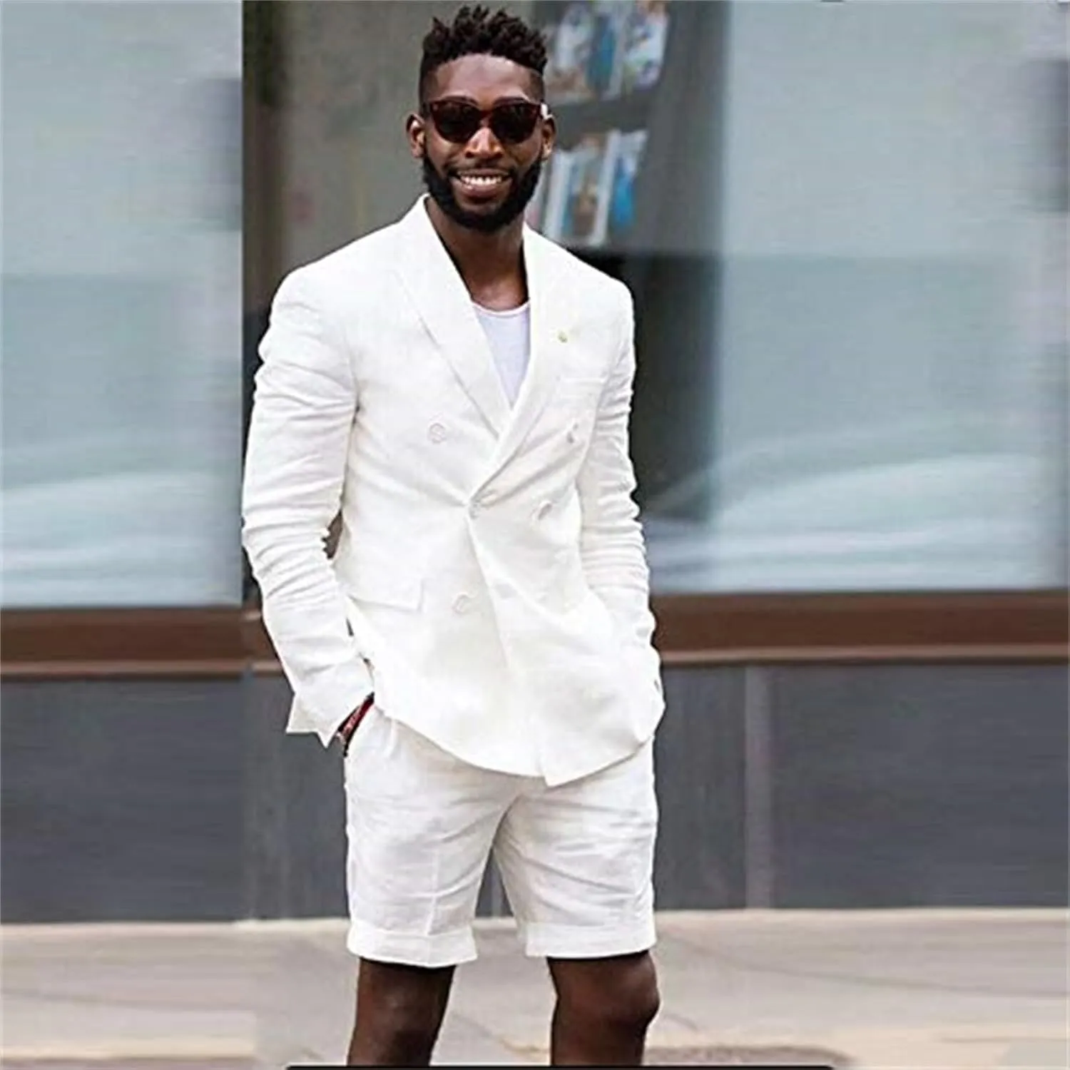 Linen 2 Piece Double Breasted Suit Men Summer Shorts Casual Blazer Tuxedo Groom Beach Wedding Dress (Blazer  Shorts)