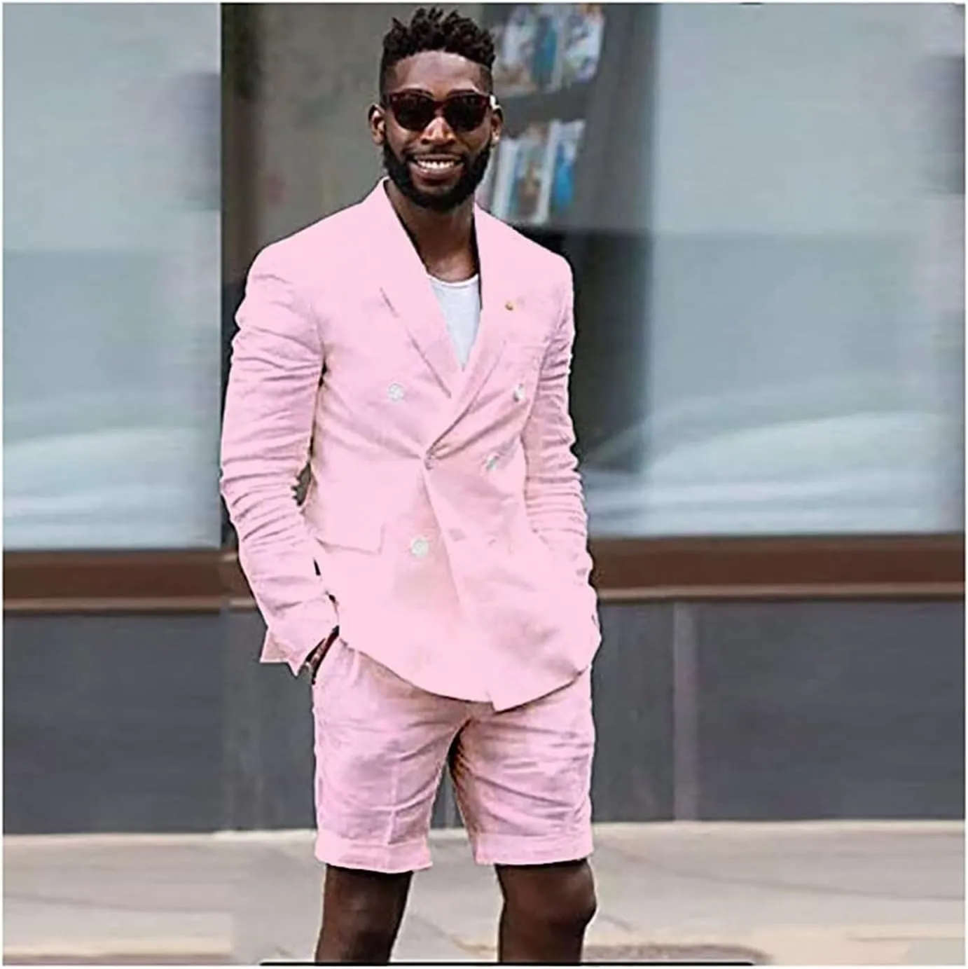 Linen 2 Piece Double Breasted Suit Men Summer Shorts Casual Blazer Tuxedo Groom Beach Wedding Dress (Blazer  Shorts)