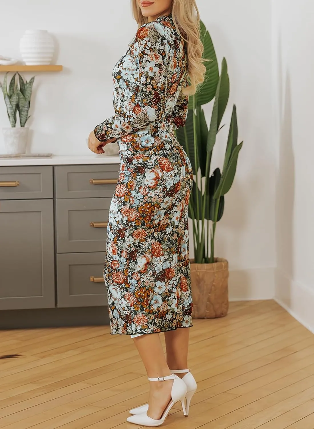 MARZXIN Women's Casual Long Sleeve Bodycon Dress Floral Print Mock Neck Cocktail Tight Fitted Mesh Dress