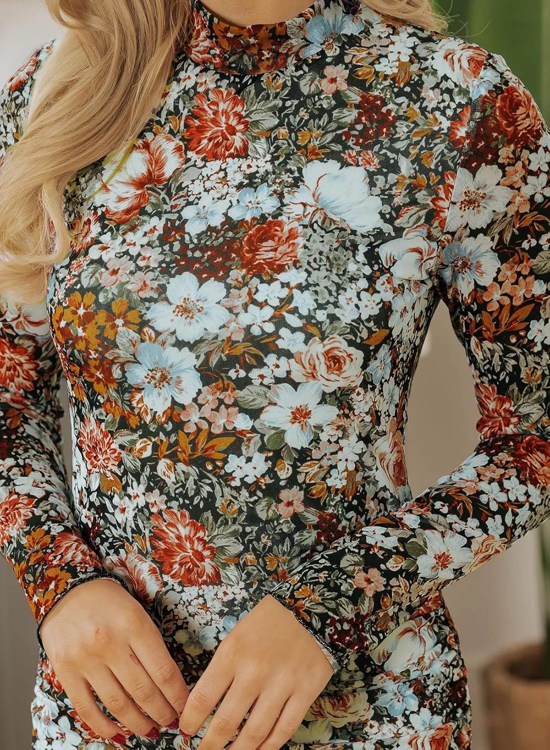MARZXIN Women's Casual Long Sleeve Bodycon Dress Floral Print Mock Neck Cocktail Tight Fitted Mesh Dress
