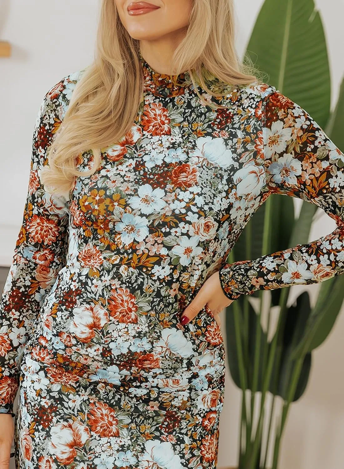 MARZXIN Women's Casual Long Sleeve Bodycon Dress Floral Print Mock Neck Cocktail Tight Fitted Mesh Dress