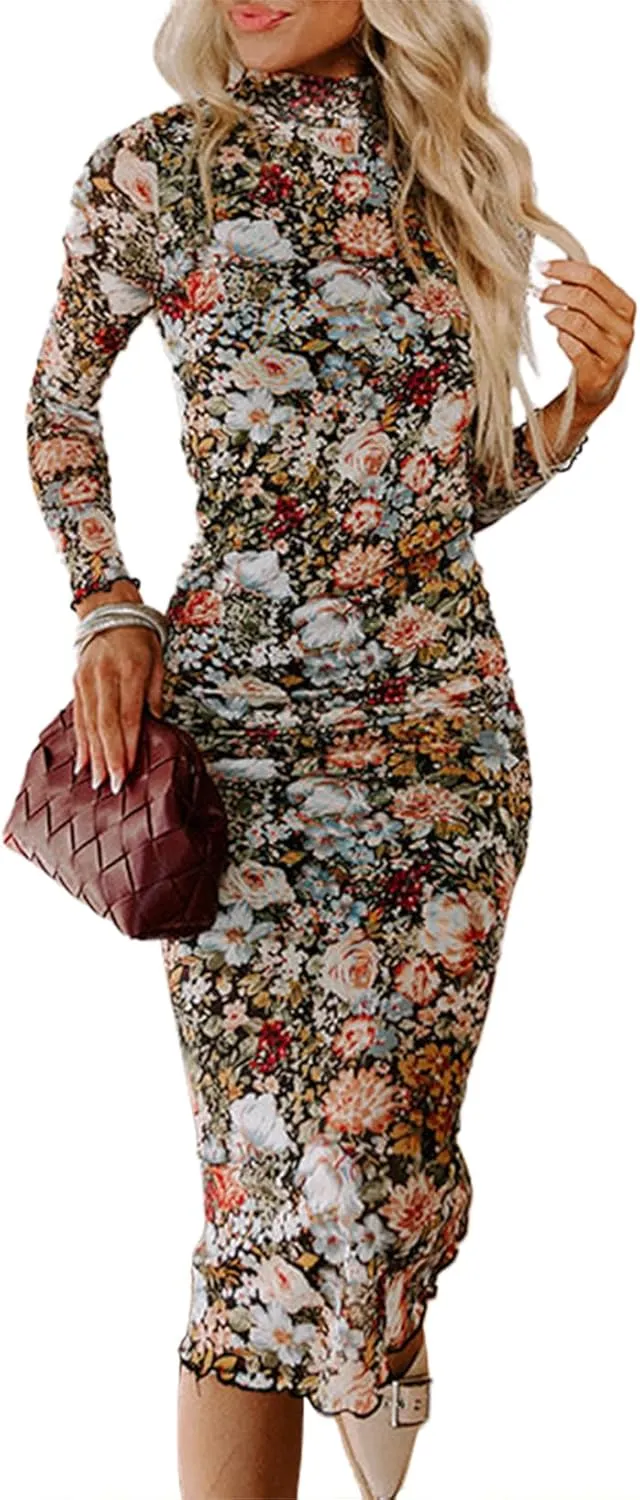 MARZXIN Women's Casual Long Sleeve Bodycon Dress Floral Print Mock Neck Cocktail Tight Fitted Mesh Dress