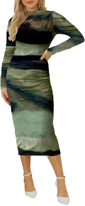 MARZXIN Women's Casual Long Sleeve Bodycon Dress Floral Print Mock Neck Cocktail Tight Fitted Mesh Dress