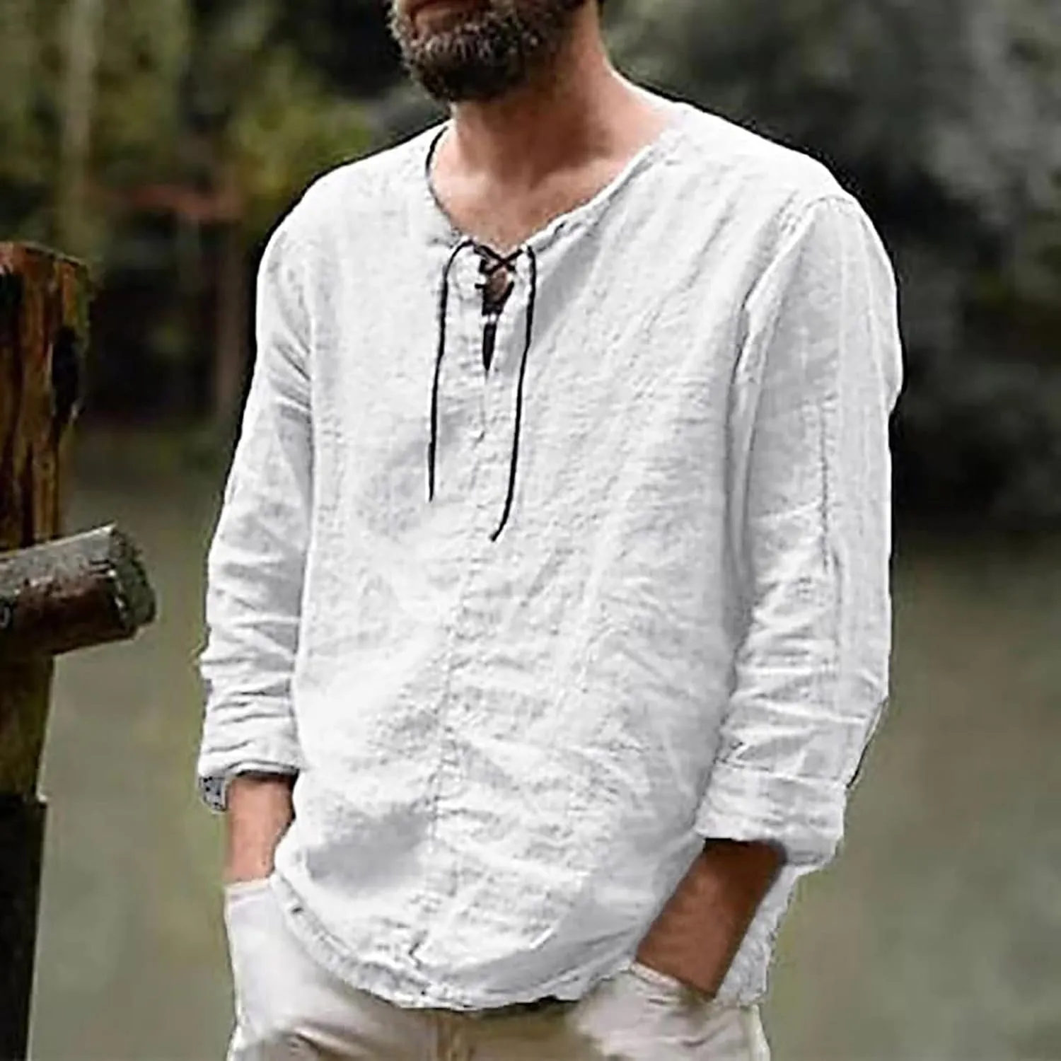 Men's Casual Solid Splice V Neck Blouse Drawstring Long Sleeve Tops T Shirt T Shirts for Men