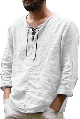 Men's Casual Solid Splice V Neck Blouse Drawstring Long Sleeve Tops T Shirt T Shirts for Men