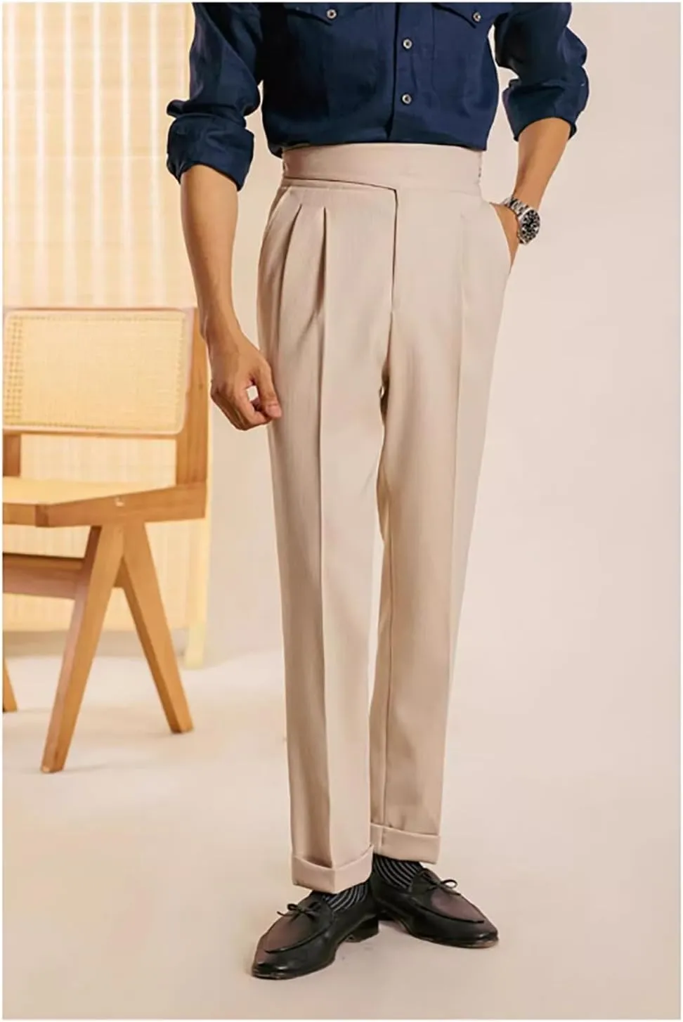 Men's Corduroy Pants Slim Fit High Waisted Pant Retro Texture Trousers Formal Business Casual Pleated Dress Pant