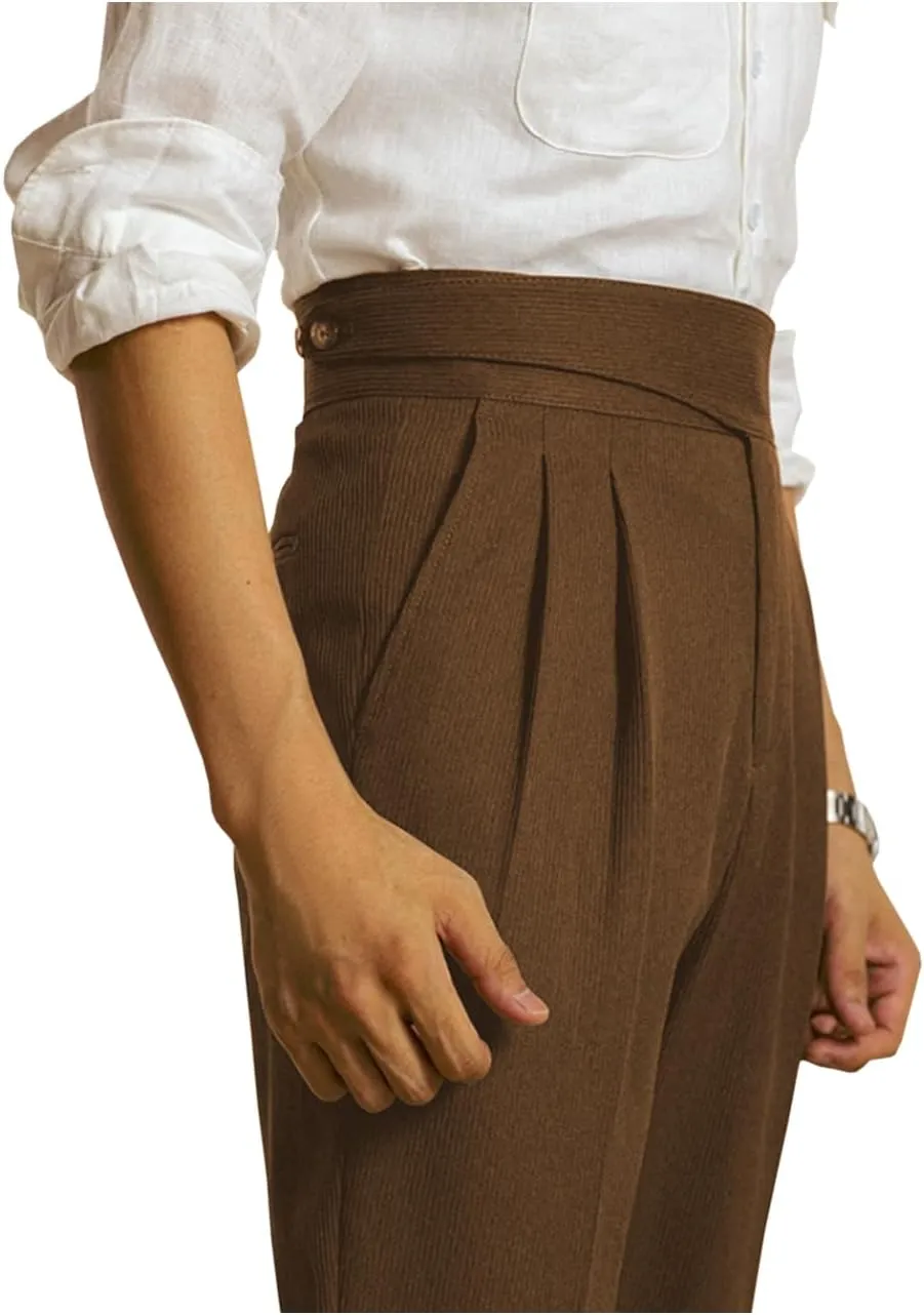 Men's Corduroy Pants Slim Fit High Waisted Pant Retro Texture Trousers Formal Business Casual Pleated Dress Pant